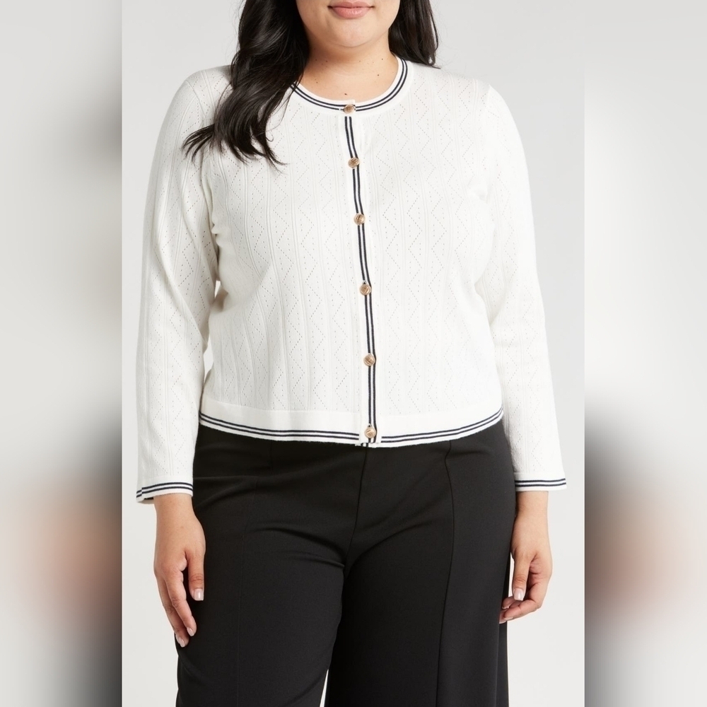 Adrianna Papell Womens Tipped Pointelle Cardigan Ivory w Blue Moon Trim 1X